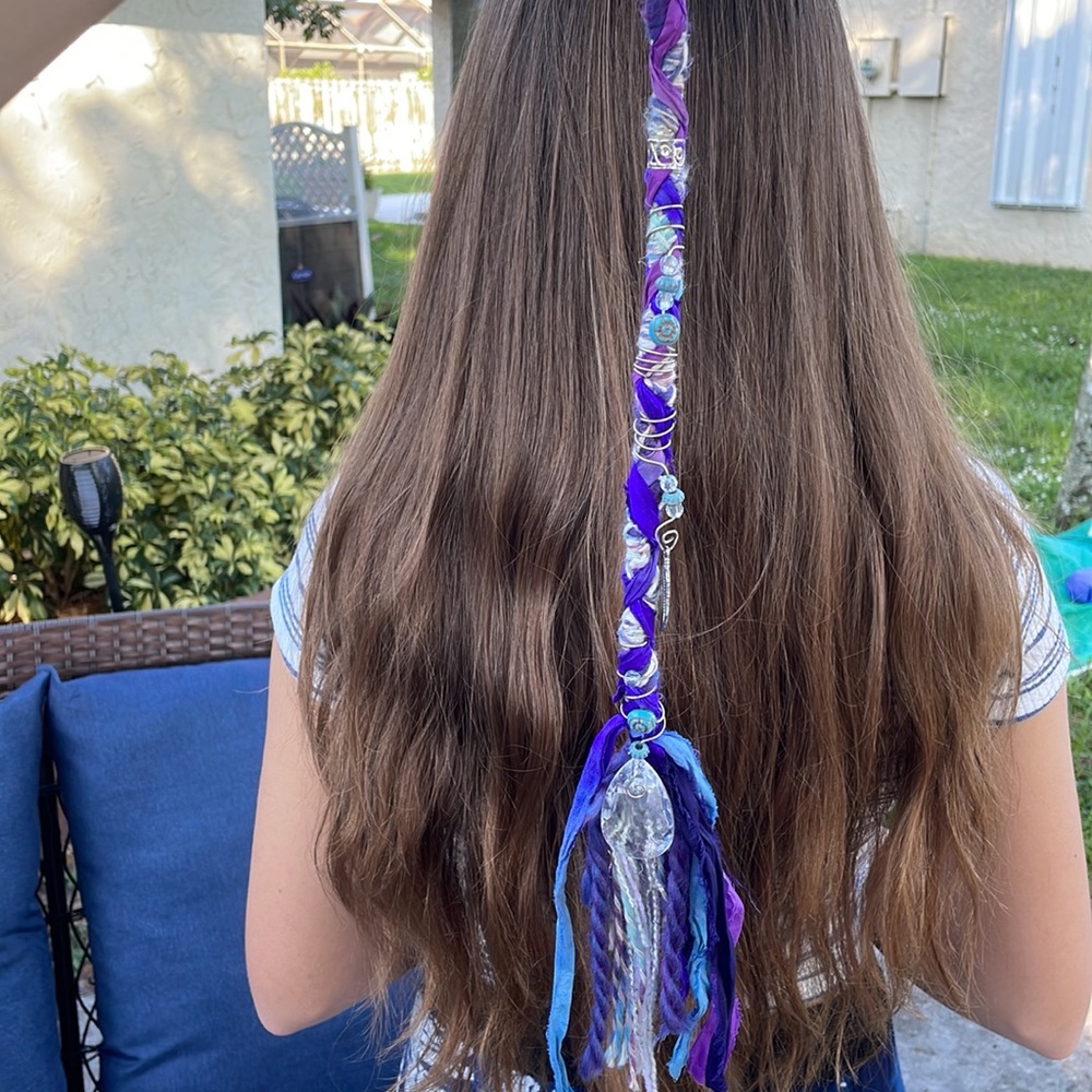 Indigo Purple White Gypsy Hair Wrap Feather and Crystal Charm